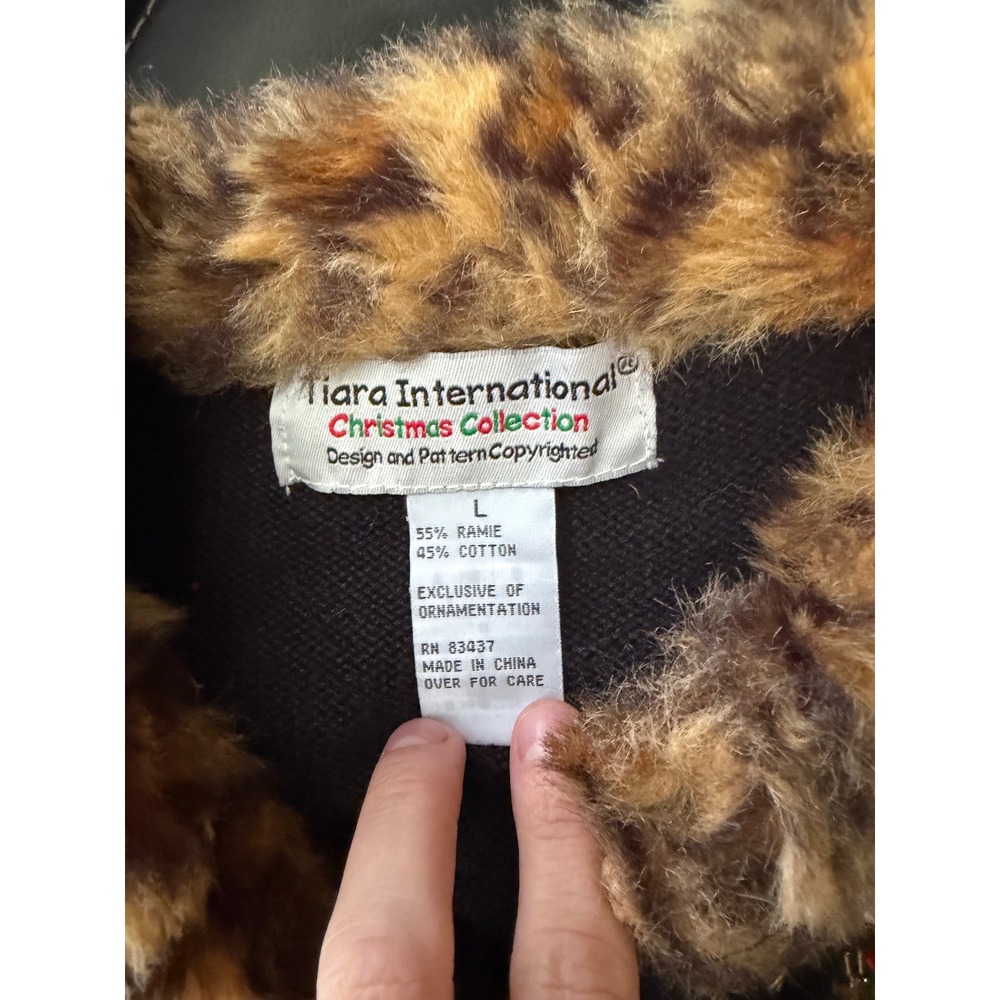 Vtg Tiara International Christmas Holiday Cardigan Sz Large Faux Fur Cheetah - Picture 8 of 8